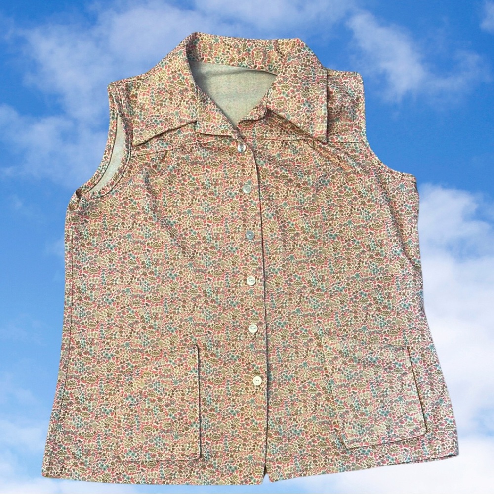 Vintage 70s Retro Floral Sleeveless Button up Blouse Size L/XL